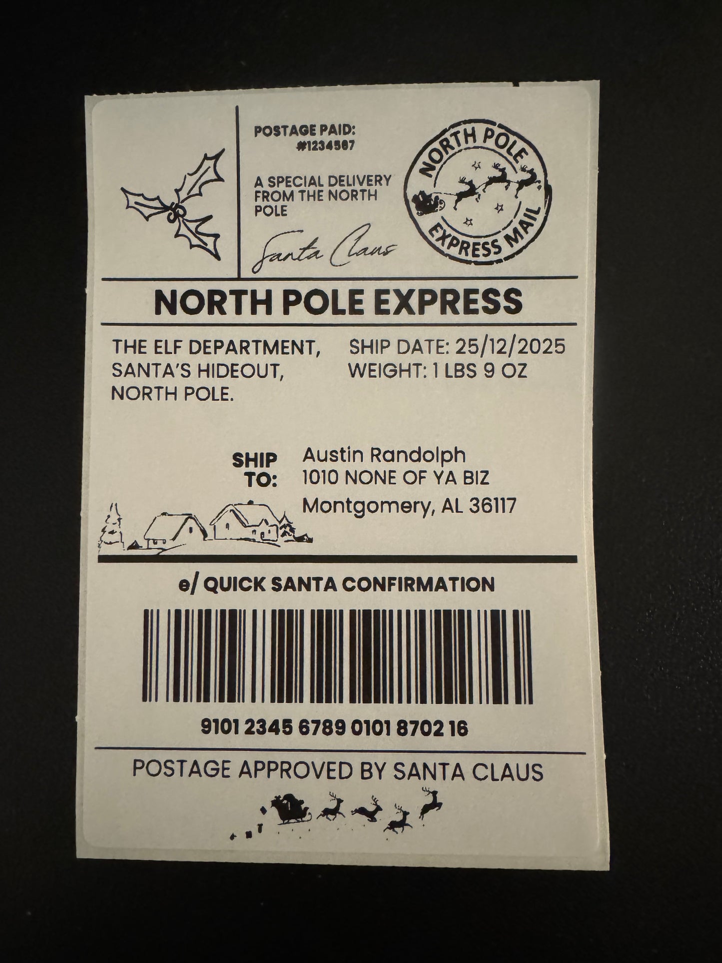 Faux shipping label
